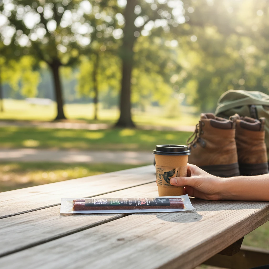 shopnathans.com Lone Crow BBQ all natural meat sticks in a twin pack on a wooden picnic table with coffee and boots
