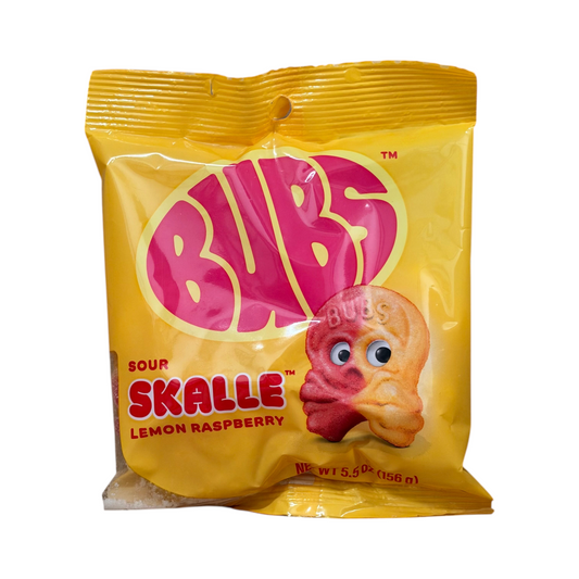 shopnathans.com Bubs Skalle sour lemon and raspberry gummy candy in a 5.5oz yellow snack bag