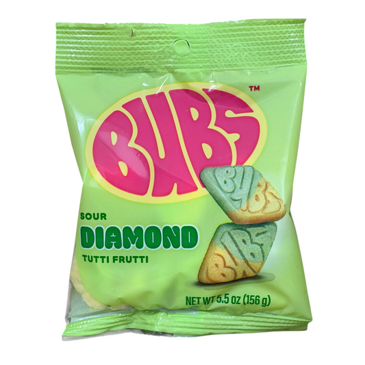 shopnathans.com Bubs Diamond Sour Tutti Frutti candy in a 5.5oz light green bag with chewy diamond-shaped gummies.