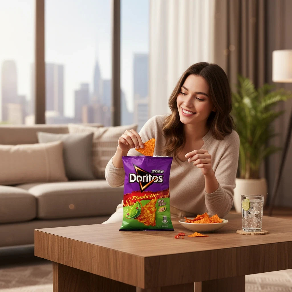 A woman smiling while eating shopnathans.com Doritos Flamin' Hot Spicy Lime tortilla chips in a bright living room.
