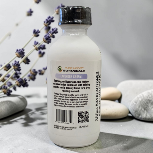 shopnathans.com Flow State lavender cream kava and kratom botanical shot bottle with dried lavender and stones