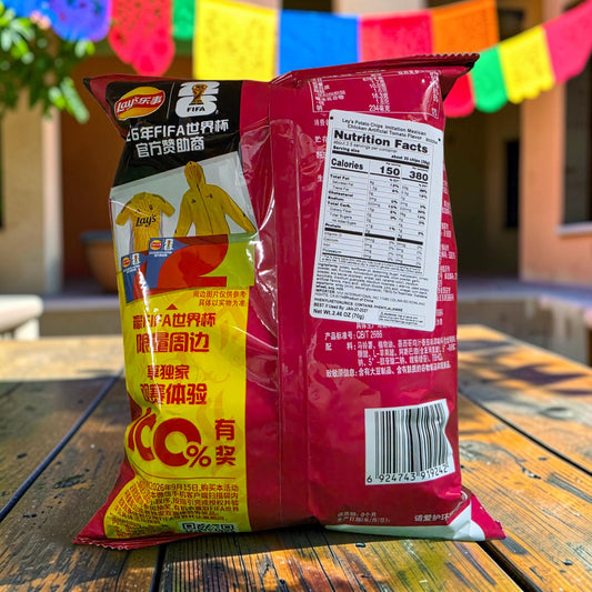 Back of shopnathans.com Lay's Mexican Tomato and Chicken flavor chips bag with nutrition facts and FIFA branding