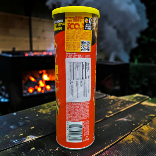 shopnathans.com Lay's Stax Sizzlin' BBQ potato chips in a 90g canister with smoky barbecue seasoning details