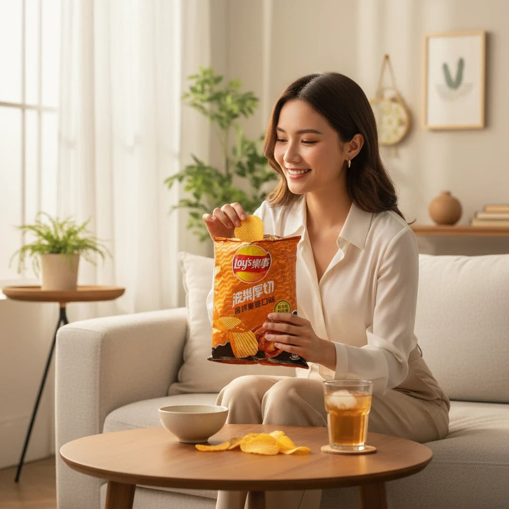 A woman smiling while holding a bag of shopnathans.com Lay's Thick Cut Grilled Chicken potato chips on a sofa.
