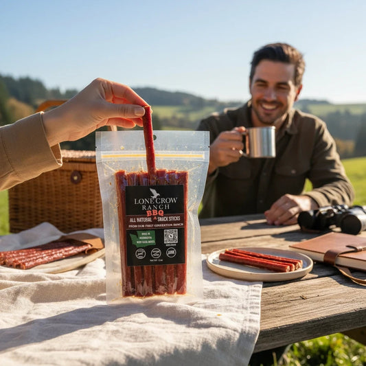shopnathans.com Lone Crow Ranch BBQ meat sticks in a resealable pouch held by a hand at an outdoor picnic table.