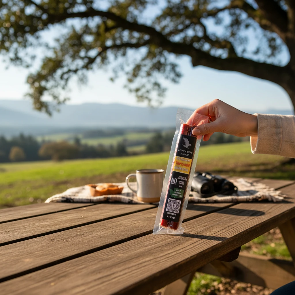 shopnathans.com Lone Crow Teriyaki snack stick held over a wooden picnic table with a scenic mountain backdrop.