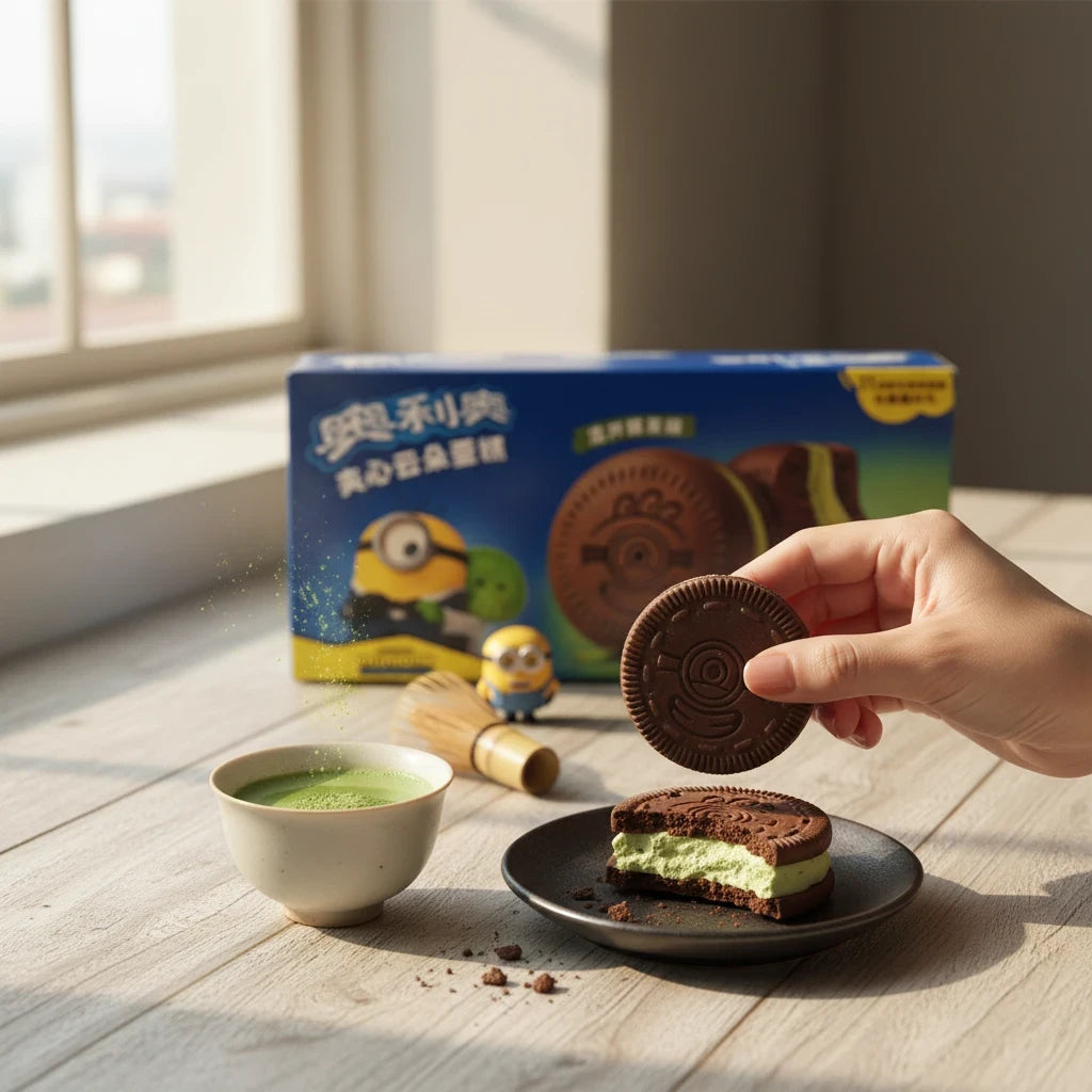 shopnathans.com Oreo soft cocoa cakes with matcha cream filling, served with a cup of green tea and Minions packaging