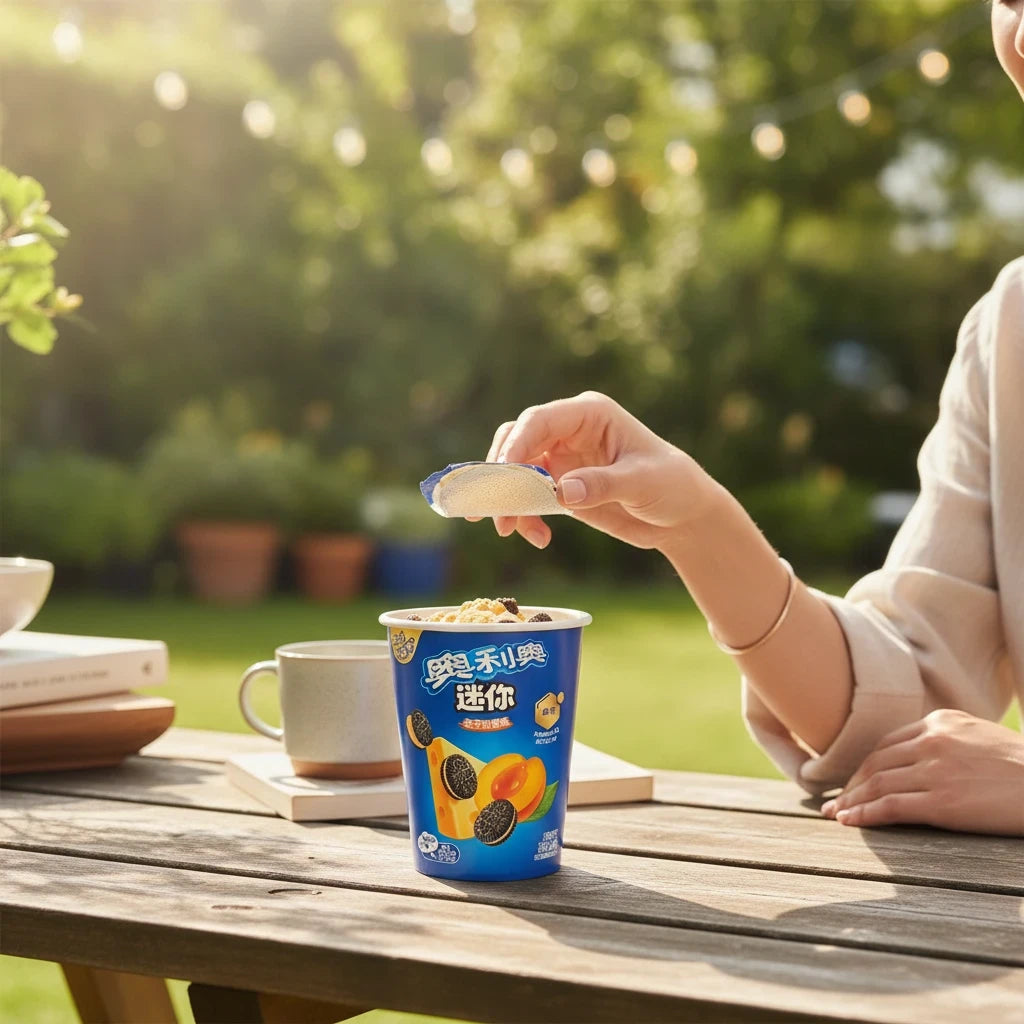 shopnathans.com Oreo Mini Cups with apricot and cheese flavor in a blue resealable cup on an outdoor wooden table