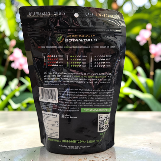 shopnathans.com Pure Infinity Botanicals Trainwreck Kratom powder 8oz resealable pouch back label with strain details.