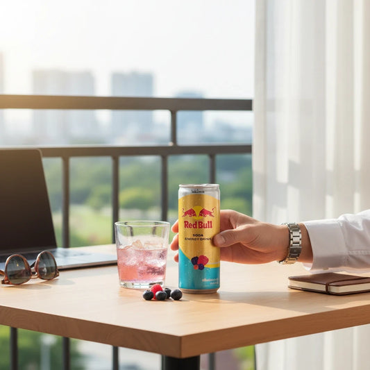 shopnathans.com Red Bull Summer Mixed Berries energy drink can held on a sunny balcony with a glass of iced drink