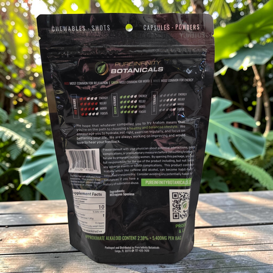 Back view of shopnathans.com Pure Infinity Botanicals Red Maeng Da Kratom powder 8oz resealable black pouch