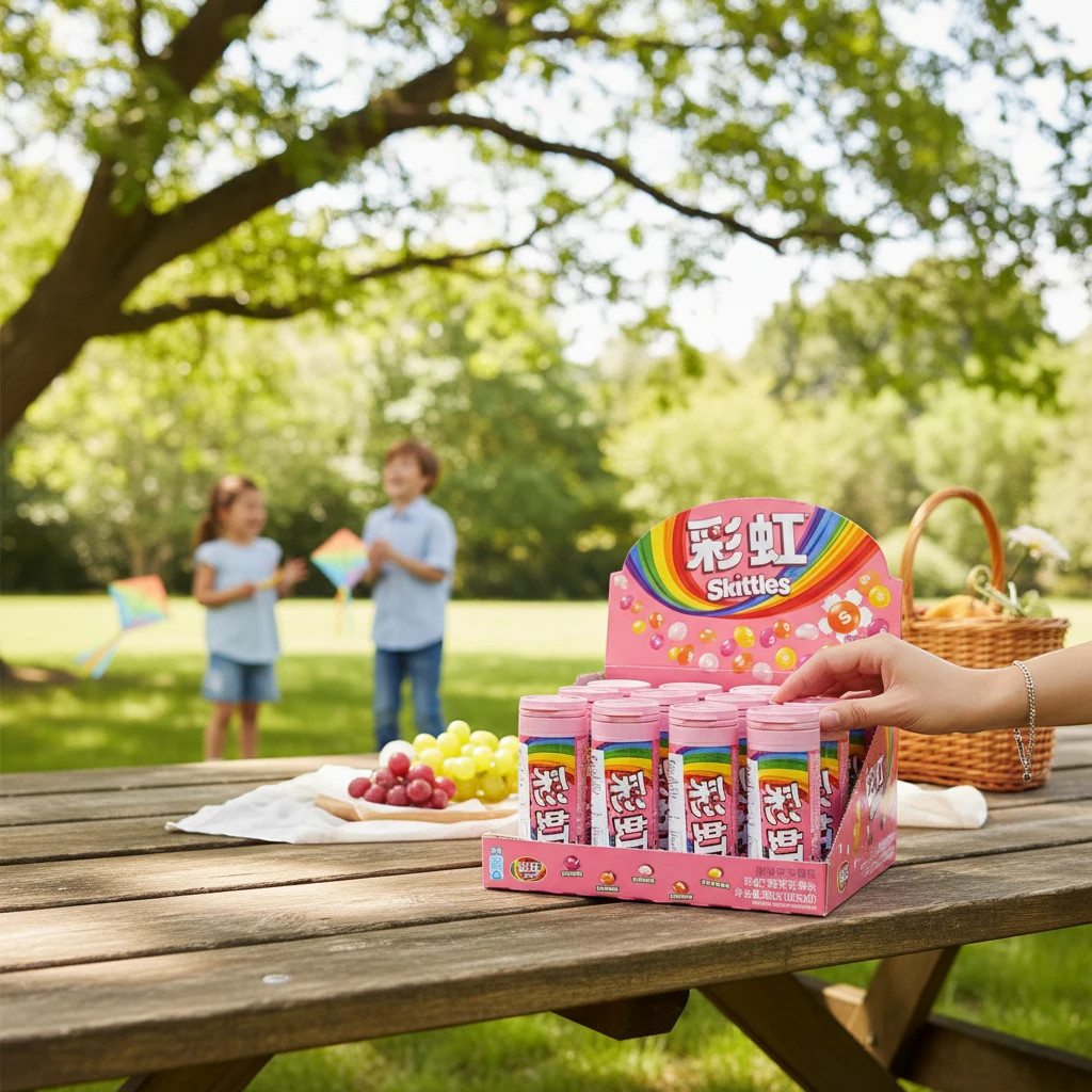 shopnathans.com Skittles Bottle Flowery Fruity Flavor candies in a display box on a picnic table in a park.