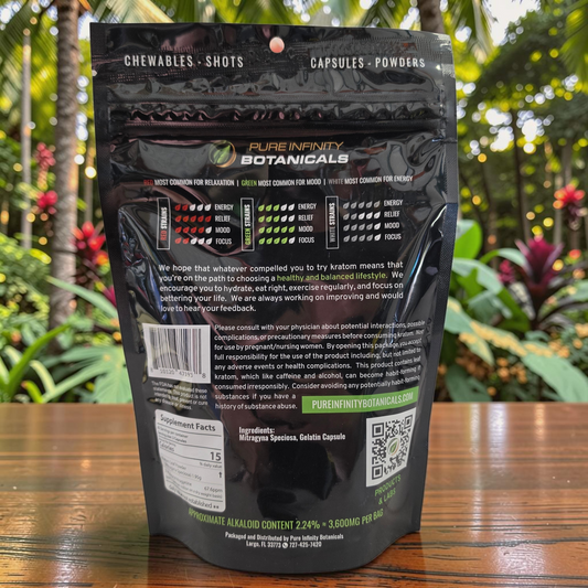 Back of shopnathans.com Pure Infinity Botanicals Trainwreck Kratom capsules pouch with strain information and label