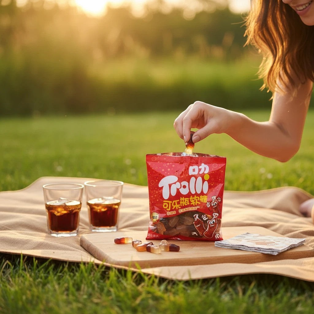 shopnathans.com Trolli cola flavored gummy candies in a red bag on a picnic blanket with glasses of cola