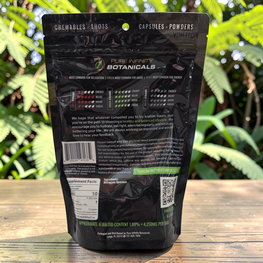 Back view of shopnathans.com Pure Infinity Botanicals White Maeng Da Kratom powder resealable pouch with label details