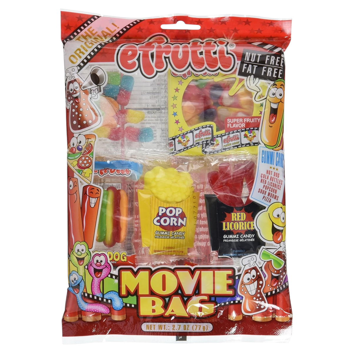 shopnathans.com Efrutti Movie Bag featuring assorted fruit-flavored gummy candies shaped like popcorn, hot dogs, and pizza