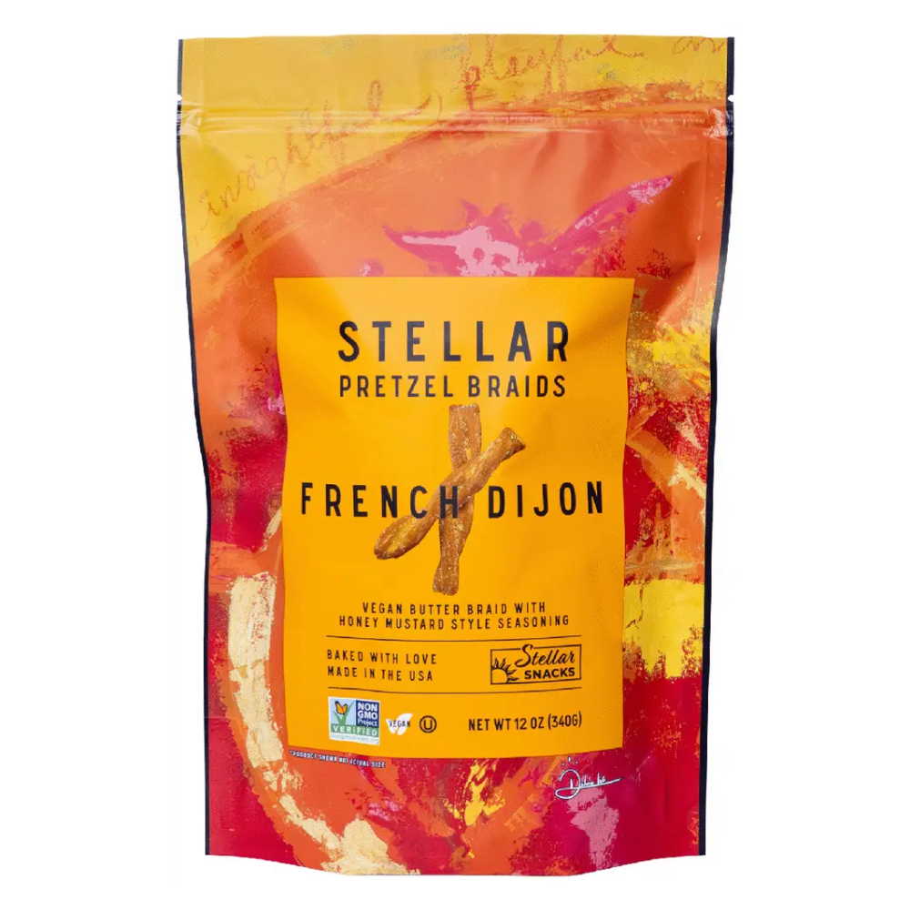 shopnathans.com Stellar French Dijon pretzel braids in a vibrant orange and red 12oz snack bag