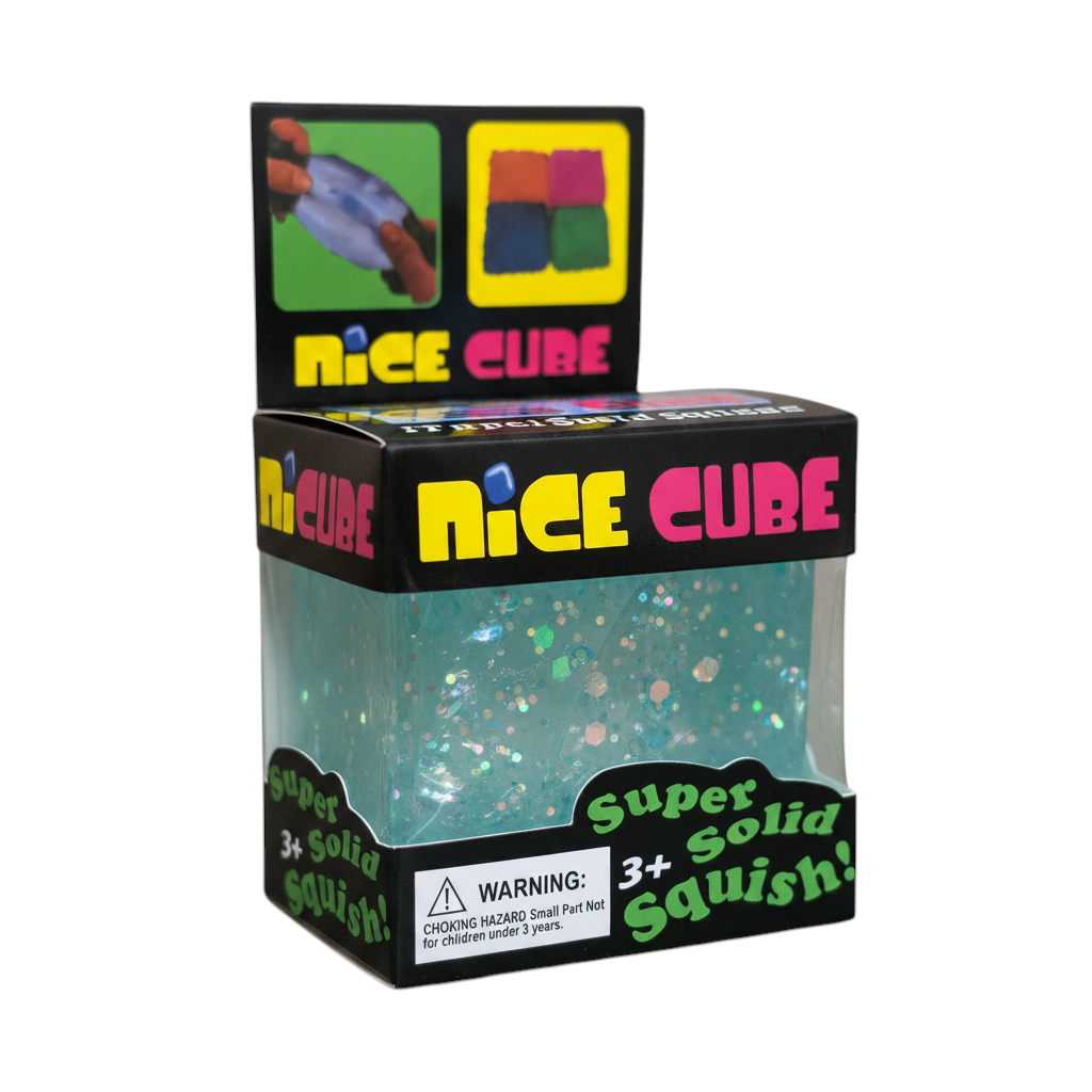 shopnathans.com squishy glitter cube stress toy in light blue with shimmering particles inside retail packaging
