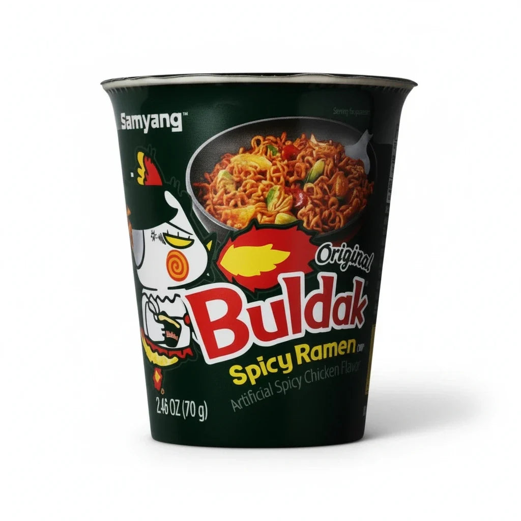 shopnathans.com Samyang Buldak Original spicy chicken flavor instant ramen in a convenient 2.47oz black cup