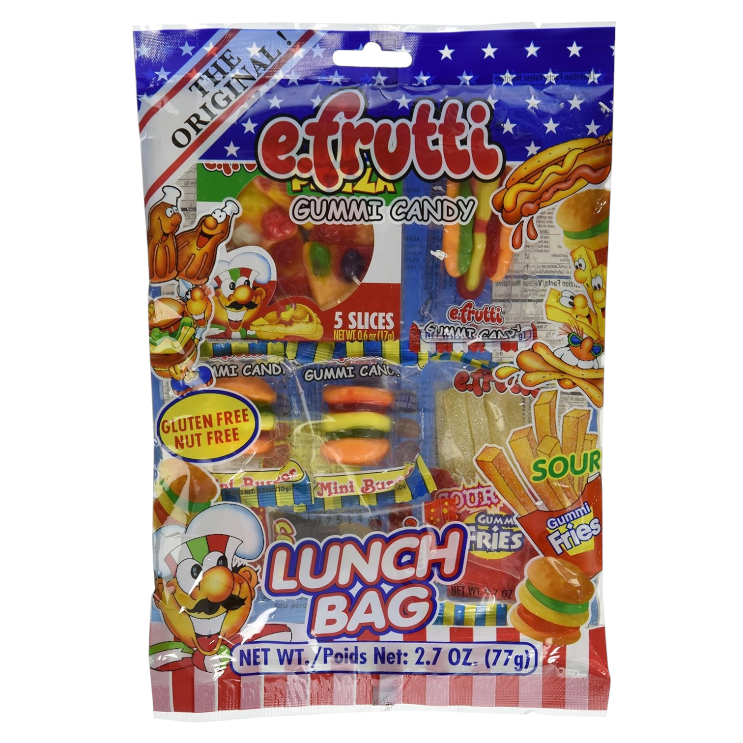shopnathans.com Efrutti Lunch Bag gummy candy assortment featuring mini burgers, hot dogs, pizza, and fries.