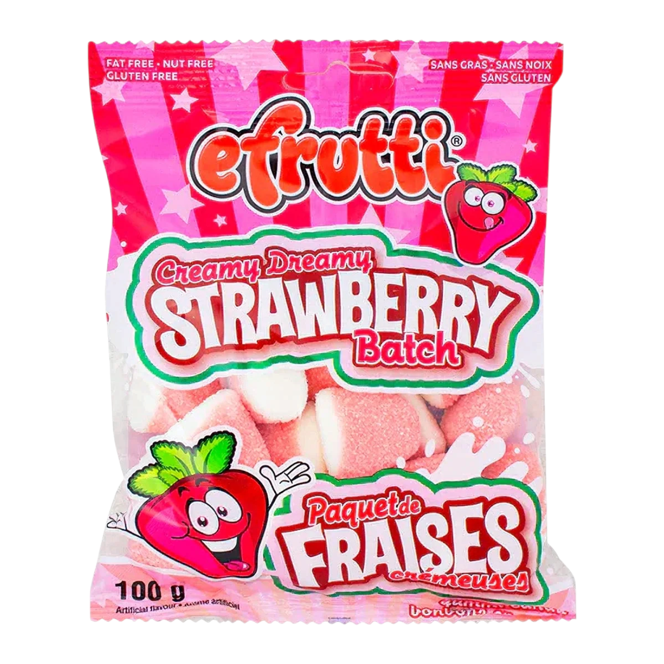 shopnathans.com Efrutti Creamy Strawberry Batch gummy candy in a 3.5oz pink bag with strawberry graphics