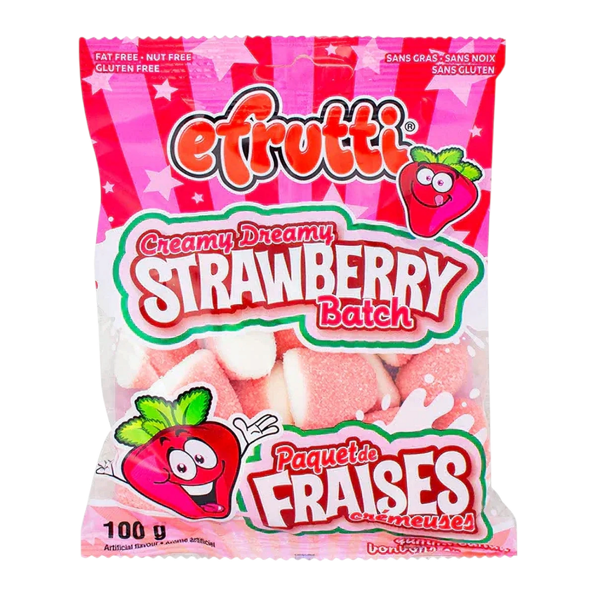 shopnathans.com Efrutti Creamy Strawberry Batch gummy candy in a 3.5oz pink bag with strawberry graphics