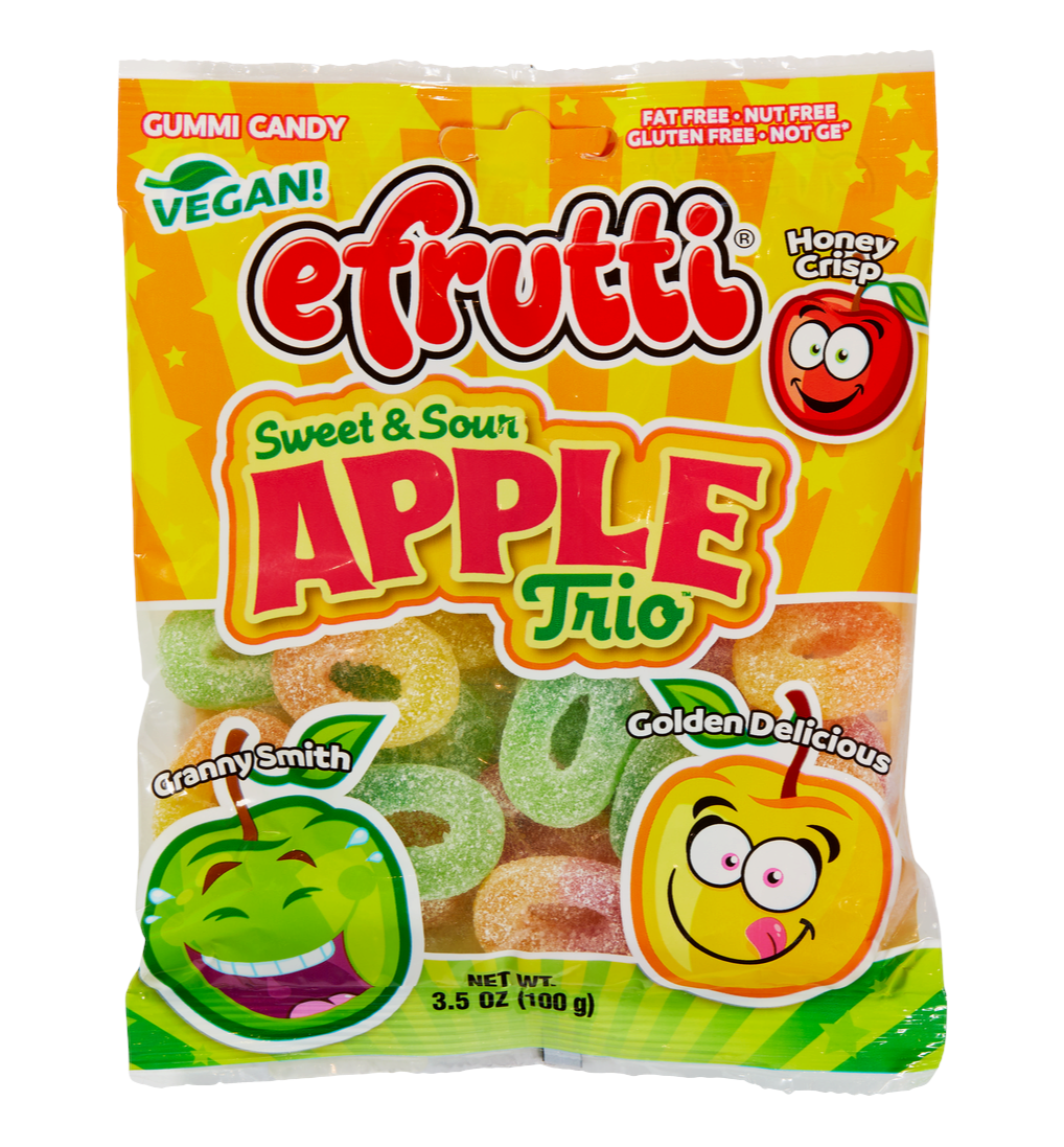 shopnathans.com Efrutti Sweet & Sour Apple Trio gummy candy bag featuring assorted apple-flavored rings