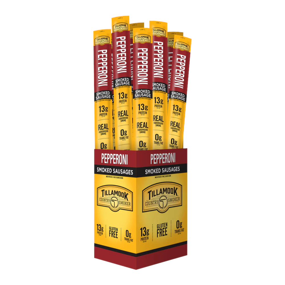 shopnathans.com Tillamook pepperoni smoked sausage sticks in a yellow and white retail display box