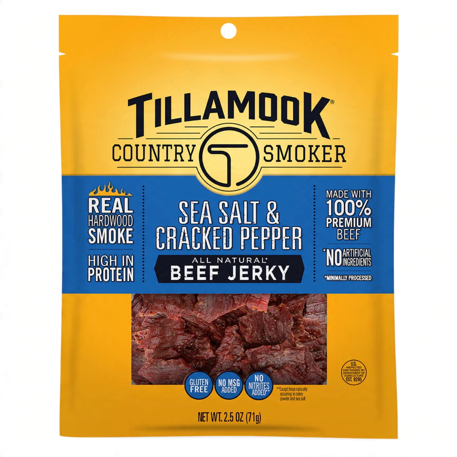 shopnathans.com Tillamook Peppered Beef Jerky in a 2.5oz yellow and blue snack bag with cracked black pepper seasoning