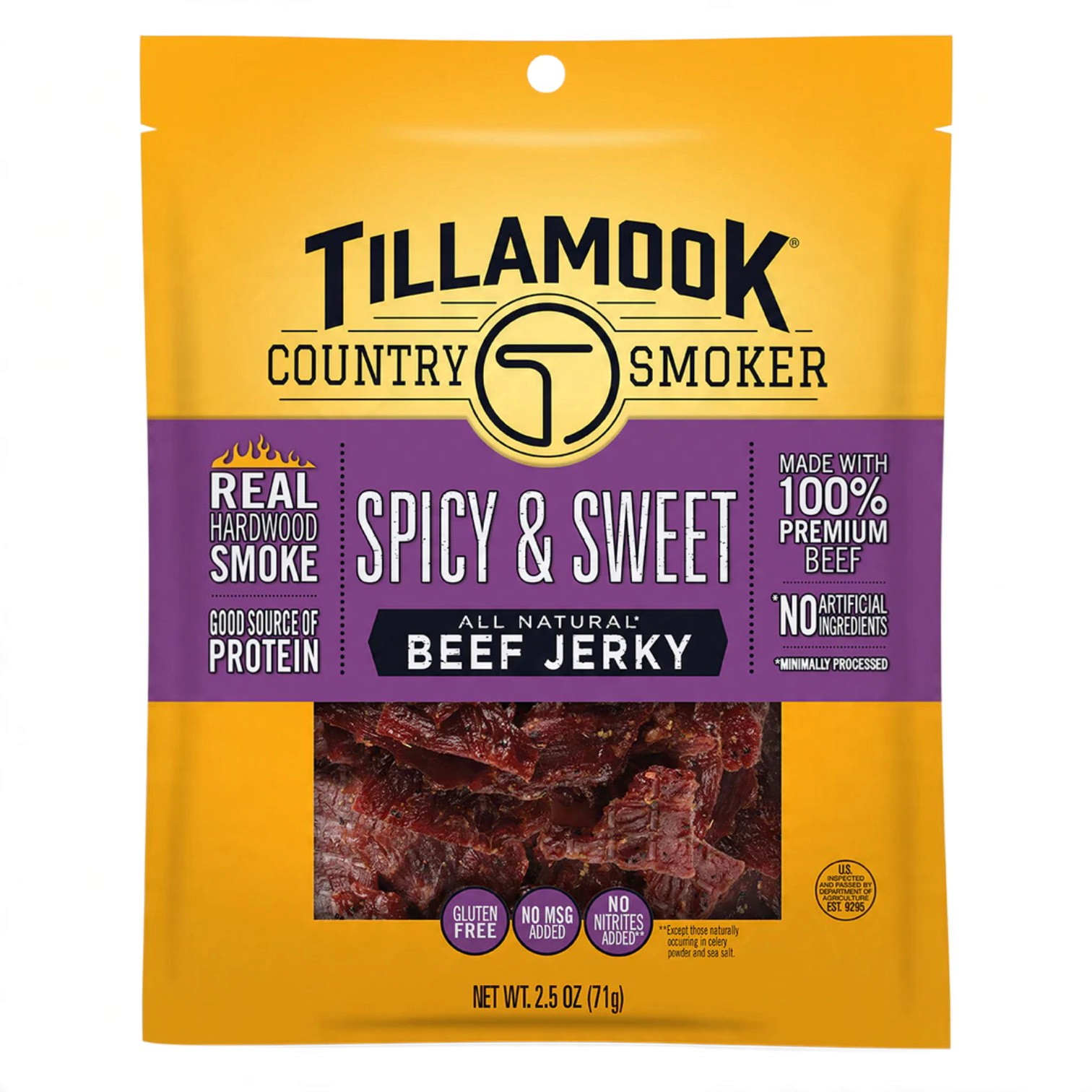 shopnathans.com Tillamook Spicy and Sweet beef jerky in a 2.5oz yellow and purple snack bag