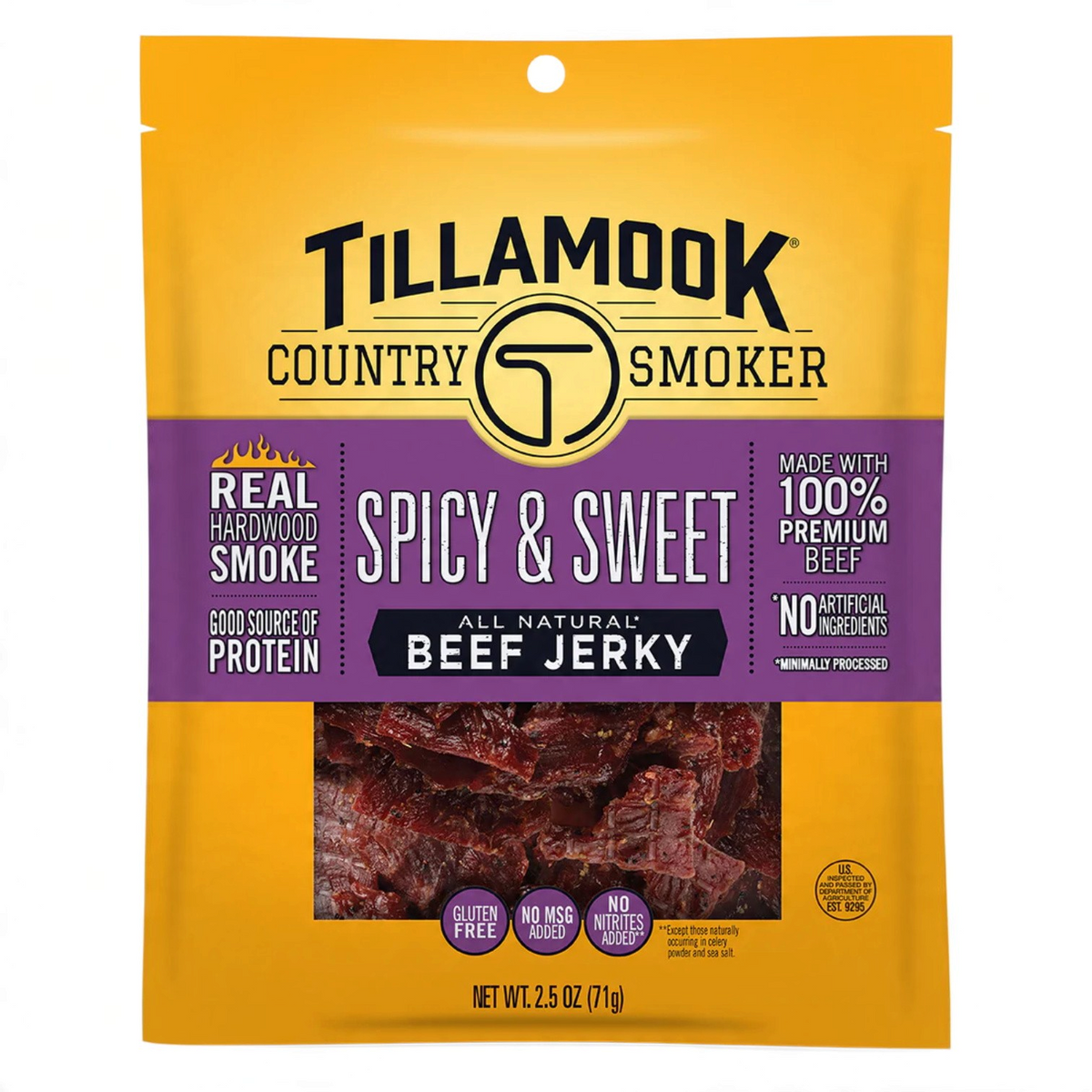 shopnathans.com Tillamook Spicy and Sweet beef jerky in a 2.5oz yellow and purple snack bag