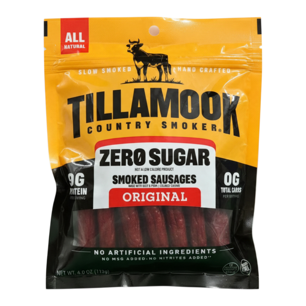 shopnathans.com Tillamook Zero Sugar Original Smoked Sausage Sticks in a 4oz bag, a keto-friendly meat snack.