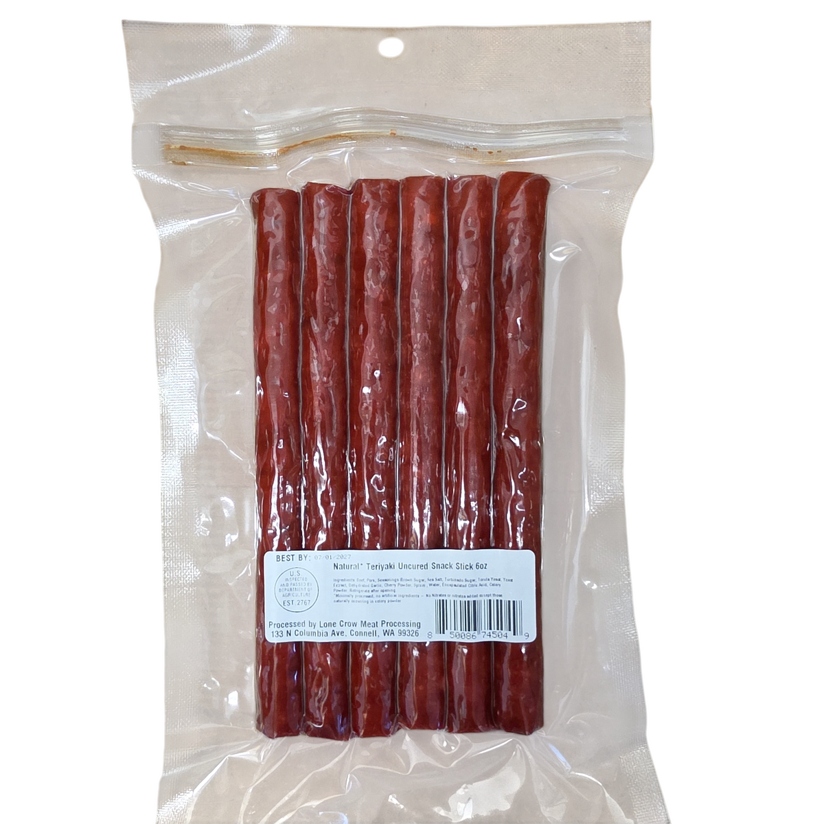 shopnathans.com Lone Crow all natural teriyaki uncured meat sticks in a clear vacuum-sealed package