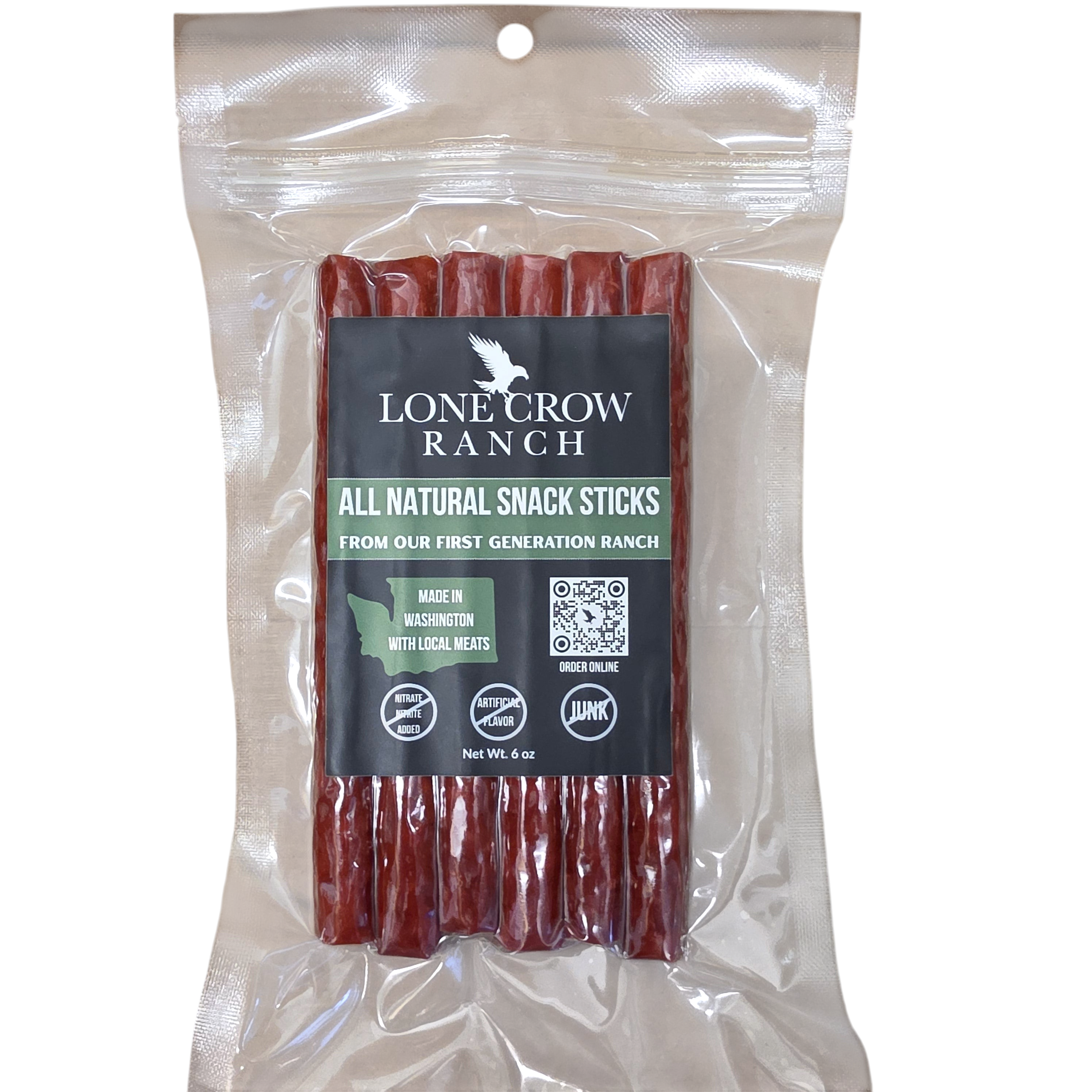 shopnathans.com Lone Crow All Natural Original Meat Sticks in a 6oz clear resealable snack pouch