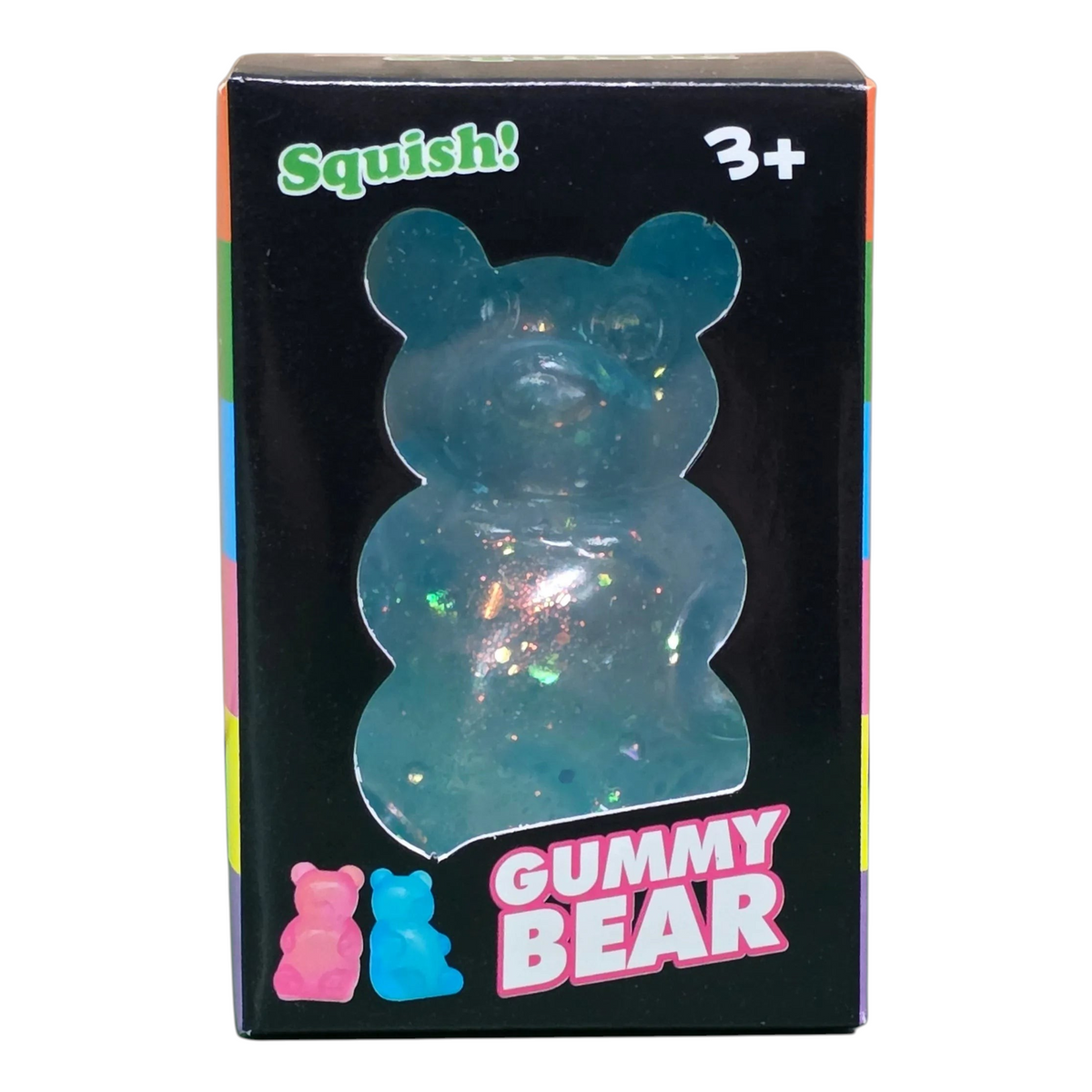 shopnathans.com Squishy Glitter Gummy Bear in blue with embedded sparkles inside its retail display box