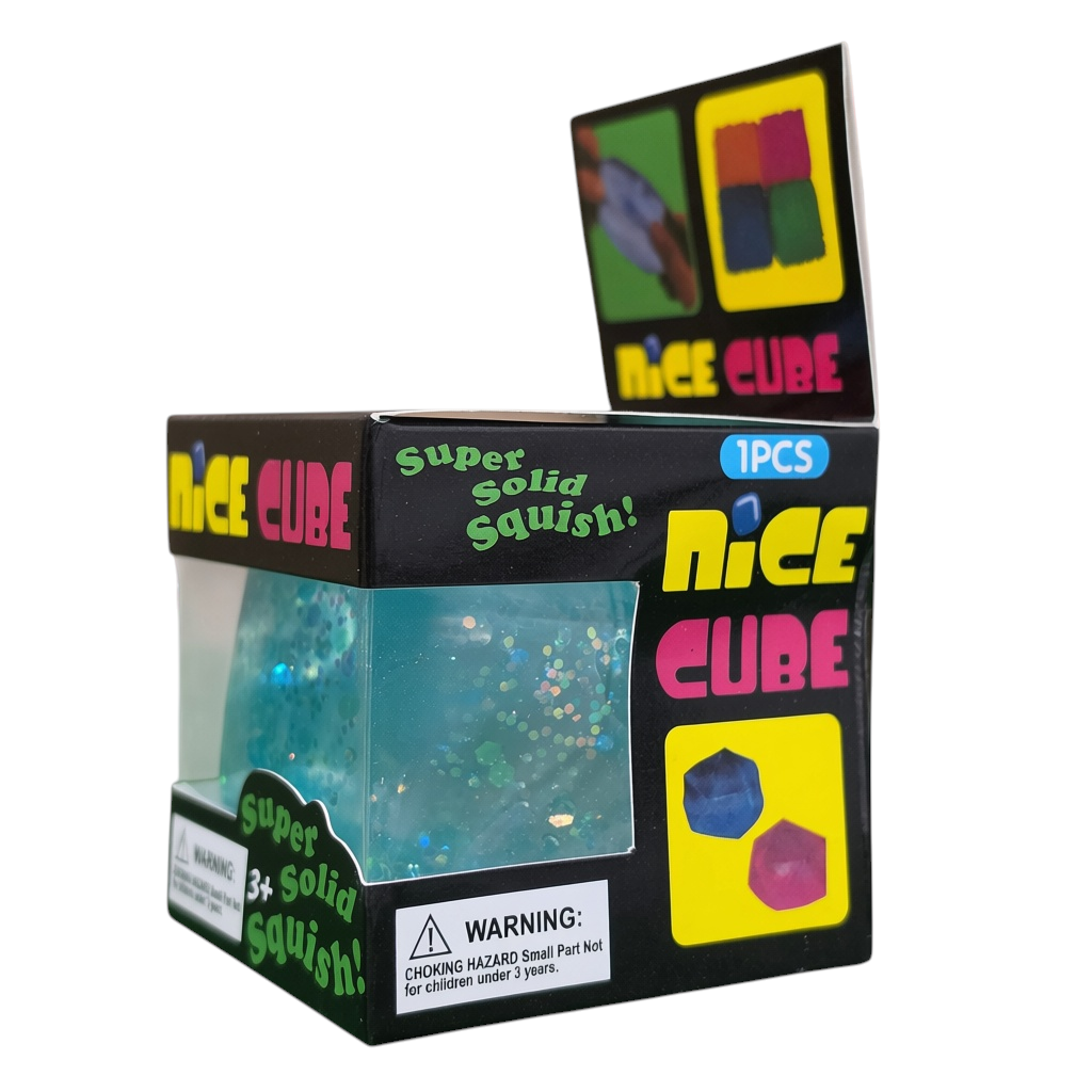 shopnathans.com squishy glitter cube stress toy in blue, featuring a soft tactile texture in its retail packaging.