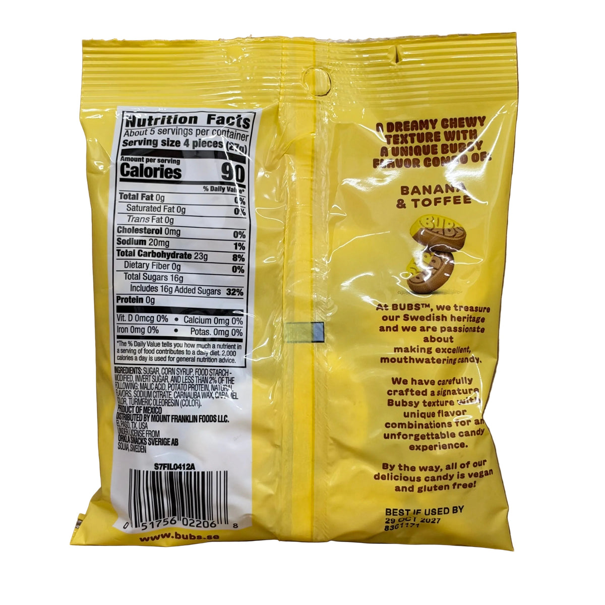 shopnathans.com Bubs Ovals Sweet Banana Toffee candy bag back view showing nutrition facts and product details