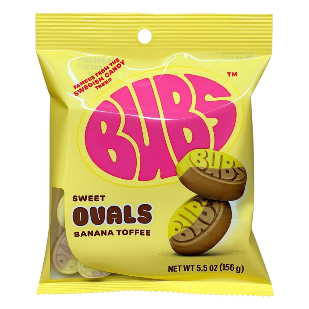 shopnathans.com Bubs Ovals Sweet Banana Toffee vegan candy in a 5.5oz yellow bag with dual-toned oval gummies