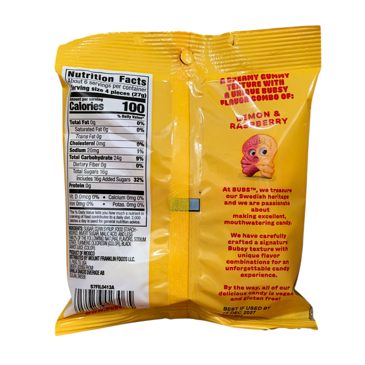shopnathans.com Bubs Skalle Sour Lemon Raspberry gummy candy bag back view with nutrition facts and product details