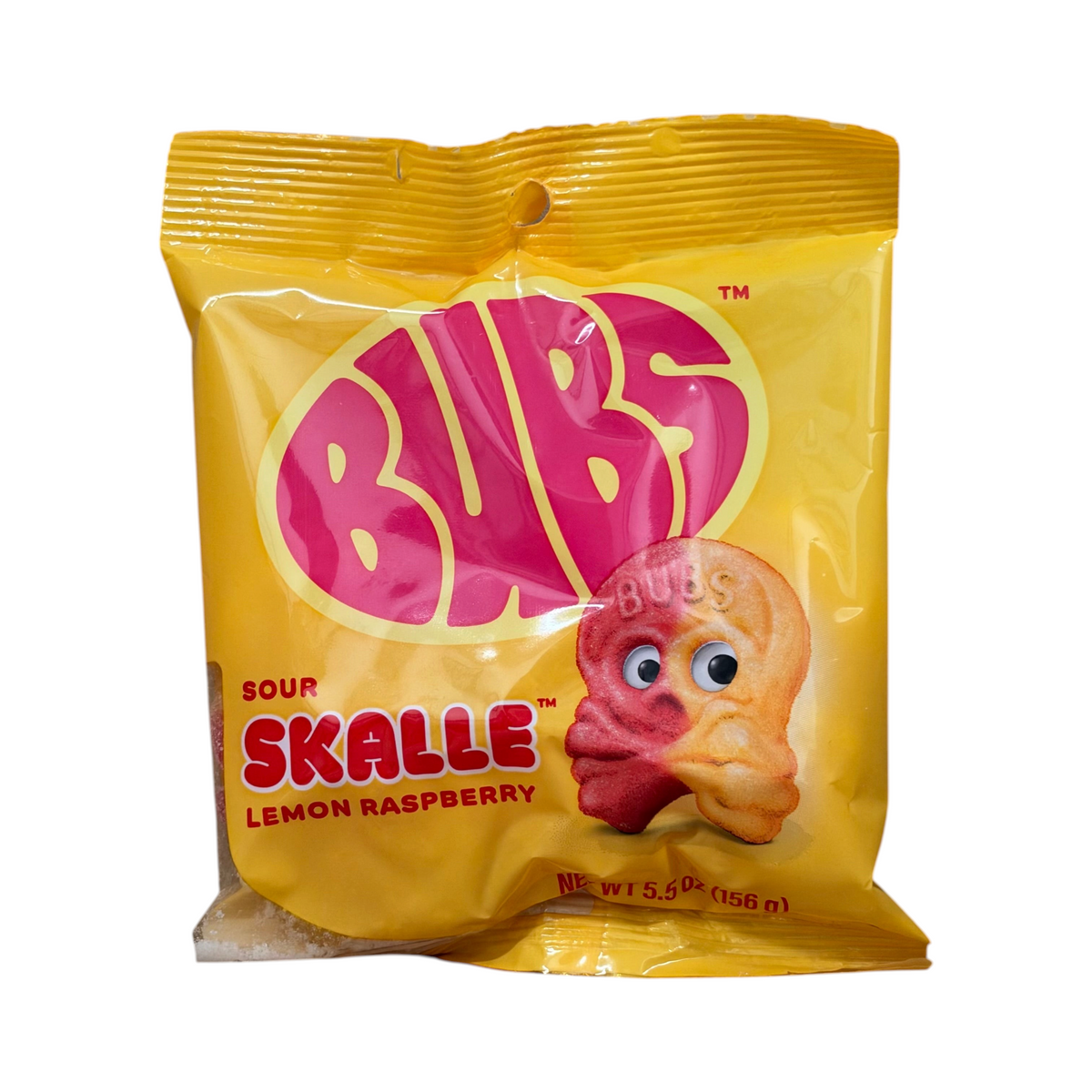 shopnathans.com Bubs Skalle sour lemon and raspberry gummy candy in a 5.5oz yellow snack bag