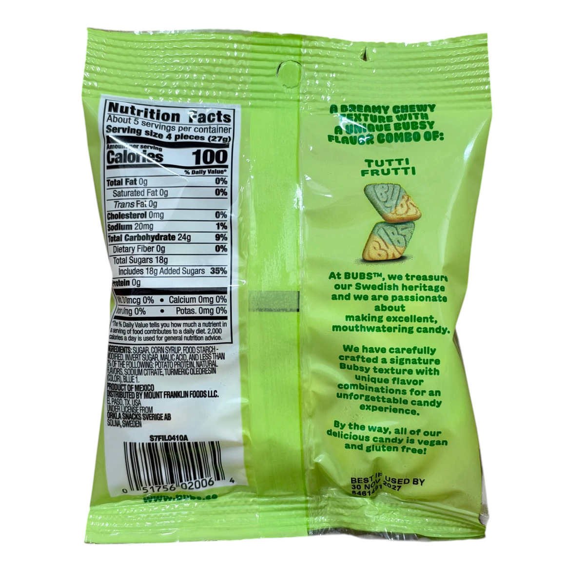 shopnathans.com Bubs Diamond Sour Tutti Frutti candy bag back view with nutrition facts and product information