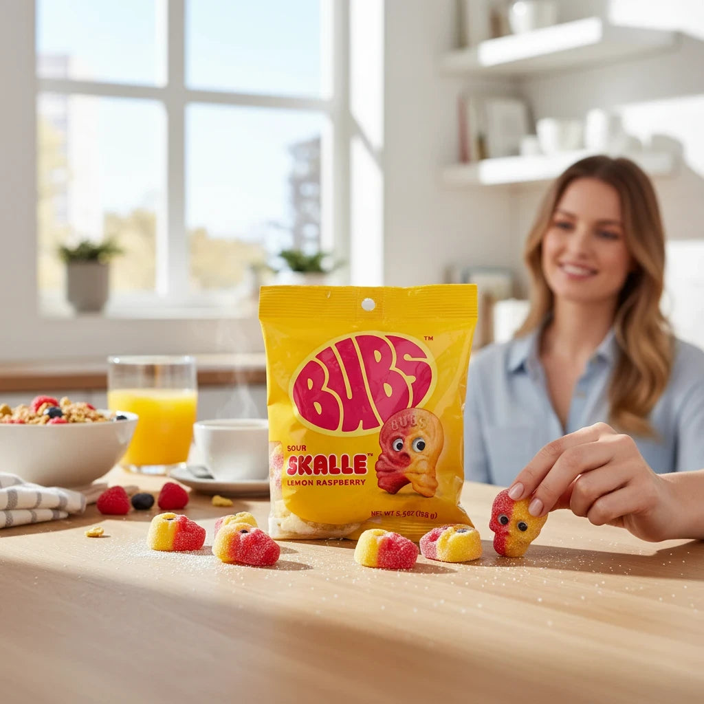 shopnathans.com Bubs Skalle sour lemon raspberry gummy skulls on a wooden table with a woman in the background