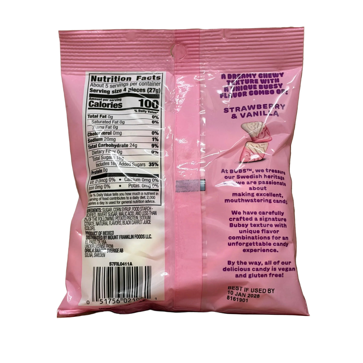 Back of shopnathans.com Bubs Diamond Sour Strawberry Vanilla Candy bag showing nutrition facts and product details.