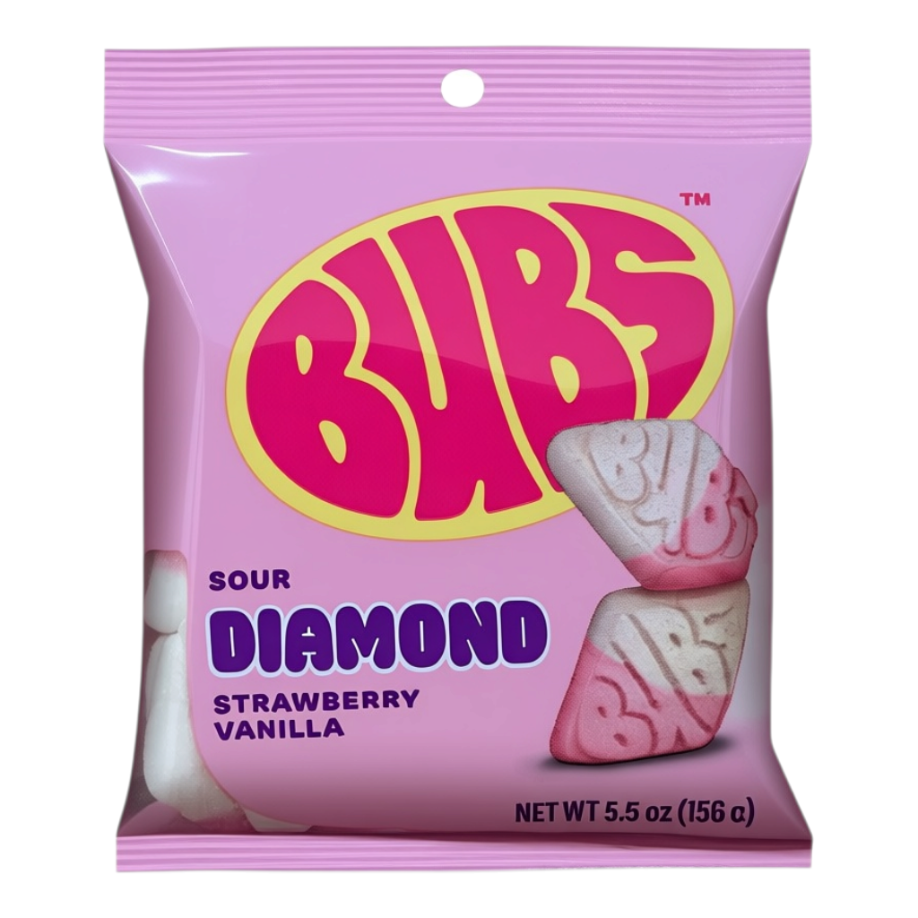 shopnathans.com Bubs Diamond Sour Strawberry Vanilla candy in a 5.5oz pink bag featuring chewy diamond-shaped gummies.