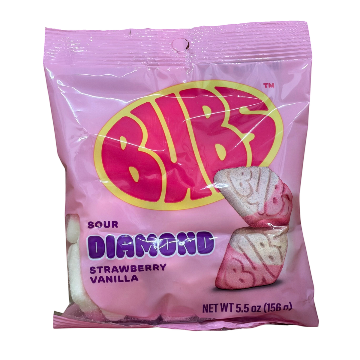 shopnathans.com Bubs Diamond Sour Strawberry Vanilla gummy candy in a 5.5oz pink snack bag