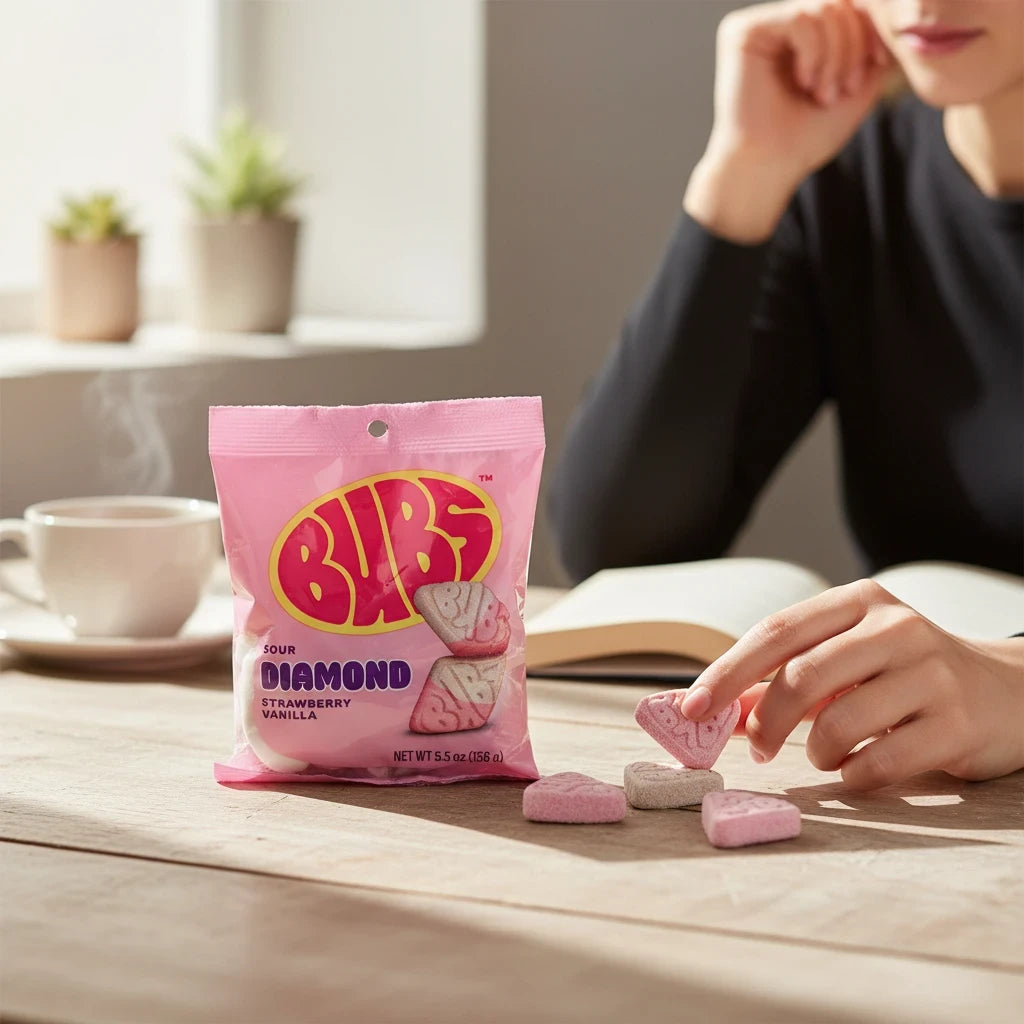 shopnathans.com Bubs diamond-shaped sour strawberry and vanilla vegan gummies in a pink 5.5oz bag on a wooden table.