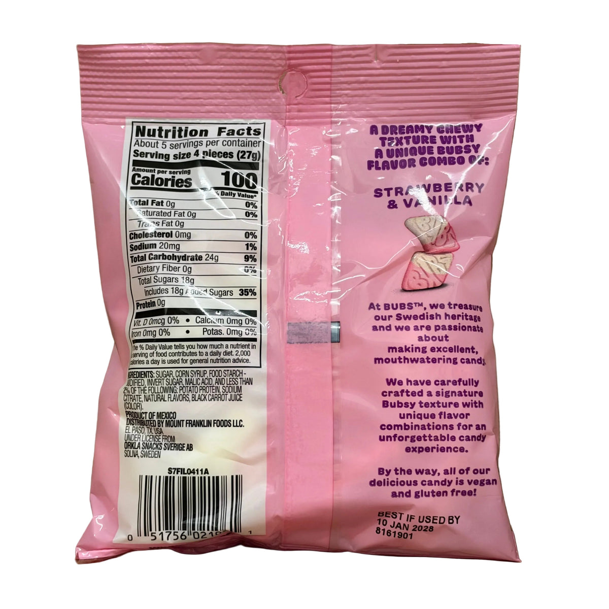 shopnathans.com Bubs Diamond Sour Strawberry Vanilla candy bag back view showing nutrition facts and ingredients