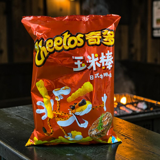 shopnathans.com Cheetos Japanese BBQ flavor corn snack bag featuring Chester Cheetah and grilled steak graphic