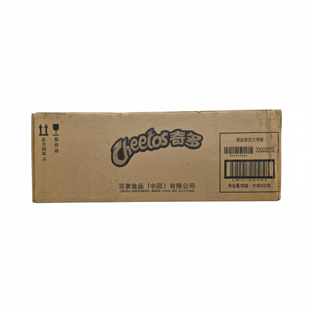 shopnathans.com cardboard shipping box for Cheetos American Turkey Leg flavor snacks with branding and barcodes