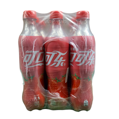 shopnathans.com Coca-Cola Strawberry flavored soda 500ml bottles in a plastic-wrapped three-pack